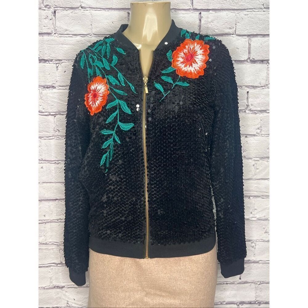 Gianni Bini Monroe Womens Black Sequin Floral Embroidered Zip Bomber Jacket XS